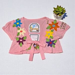 JOYSTICK Y2K Pink Crop Embroidered Colorful Flowers Tie Front Top Shirt M